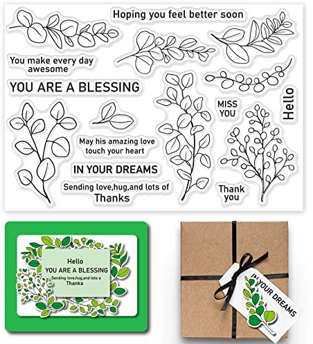 GLOBLELAND Eukalyptus Pflanzenblätter Klare Briefmarken Segen Worte Silikon Klare Stempel Dichtungen für Karten, Die DIY Scrapbooking Foto Journal Album Dekoration Machen