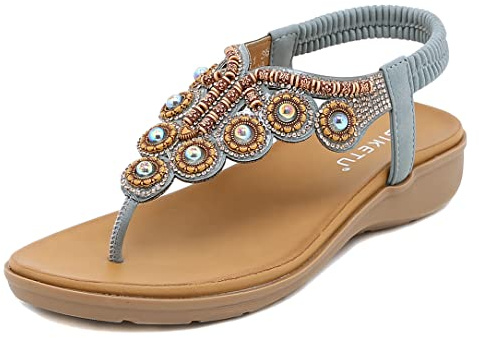 SMajong Sandales Femmes Plates Mode Bohême Strass Fleurs Tongs Confortable Bout Ouvert Chaussures de Plage Vacances