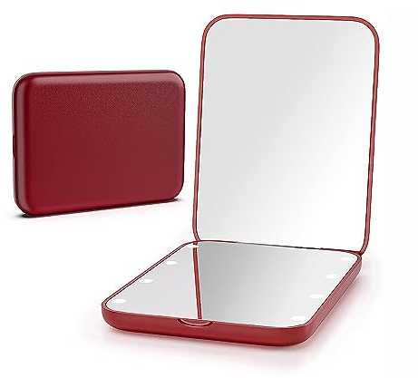 Kintion Pocket Mirror, 1X/3X Magnification LED Compact Travel Makeup Mirrors with Light for Purse, 2-Sided, Portable, Folding, Handheld, Small Lighted Mirror for Gift, Wine Red