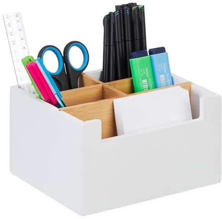 Relaxdays Schreibtisch Organizer, Bambus, 5 Fächer, für Bürobedarf & Kosmetik, Stiftehalter, HBT: 9,5 x 18 x 15 cm, weiß