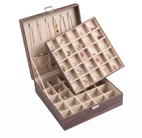 Frebeauty Earring Organizer Classic Jewelry Box 50 Slots Double Layer Jewelry Storage Case with 6 Necklace Hook and Bracelet Pocket(Tree Brown)