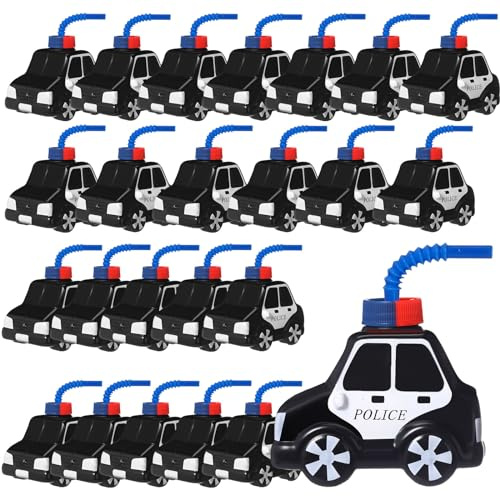 Tanlade 24 Set Police Car Cups with Straws, Police Birthday Party Decoration for Kids,10oz Plastic Transportation Shape Cup Reusable Traffic Vehicle Birthday Party Favor for Car