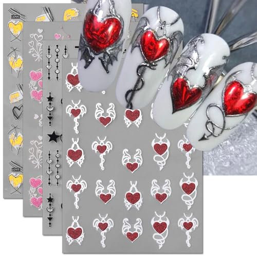 3D Herz Nagelsticker Valentinstag Nagel Sticker Glitzer Stern Mond Linien Herzen Nagelaufkleber Selbstklebend Heart Nail Sticker Valentine's Day Nail Art Stickers Nageldesign Nailart Herz Aufkleber