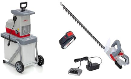 IKRA 81002880 Elektro Gartenhäcksler Walzenhäcksler ILH 3000 A & Akku Heckenschere IAHS 20-1 inkl. Akku 20V & Akku-Ladestation, Schnittlänge 54cm