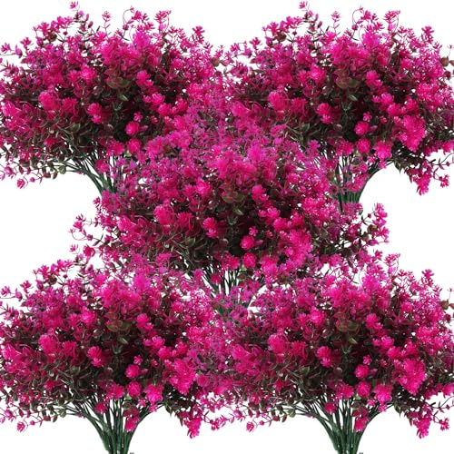 RECUTMS 10Pcs Artificial Outdoor Flowers Fake Artificial Greenery Plants | Artificial Spring Greenery Outdoor Plants Faux UV Resistant leaves for Porch Artificial Eucalyptus Stems（Fuchsia）