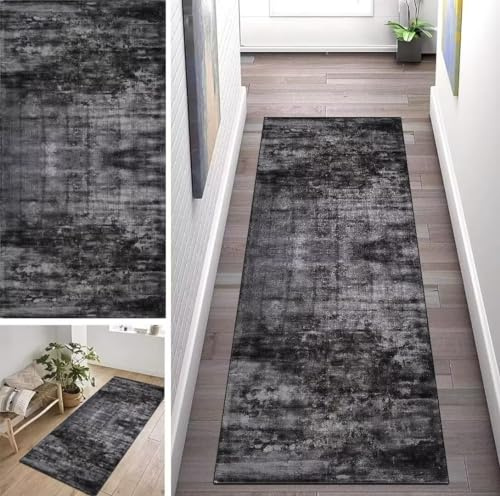 ZUZEKU Abstrakte Schwarz Grau Läufer Flur Küche Waschbar rutschfest 40X180cm Vintage Lang Küchenteppich Flurteppich Teppich Fur Korridor Wohnzimmer Schlafzimmer Meterware Anpassbar