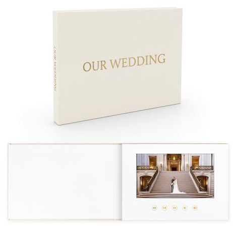 ILUUK OUR WEDDING - GOLD FOIL Luxury Linen Bound Video Book Video Album Up to 2.5 hours of video, 7” IPS Display, 4GB of memory & Rechargeable Battery (OUR WEDING), White