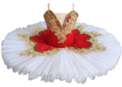 Vestido De Ballet Profesional para Niñas, Tutú De Panqueque De Lago para Niños Traje De Baile De Fiesta De Bailarina Vestido De Ballet Falda De Baile De Gimnasia,Rojo,110