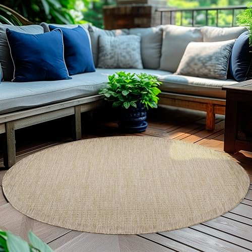 HomebyHome In- & Outdoor Teppich Wetterfest 200 cm Rund Einfarbig Beige - Waschbar, Wasserfest, Pflegeleicht und Flachgewebe - Ideal für Balkon, Garten, Terrasse und als Küchenteppich