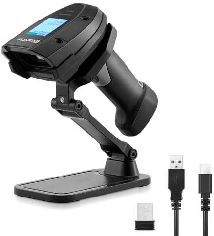 ONEWSCAN Drahtloser Barcode-Scanner, 1D-Laser-Barcode-Scanner mit Ladestation, unterstützt 2,4-GHz-Funkverbindung und kabelgebundene USB-Verbindung, 2-in-1-Hand-Barcode-Scanner mit Display