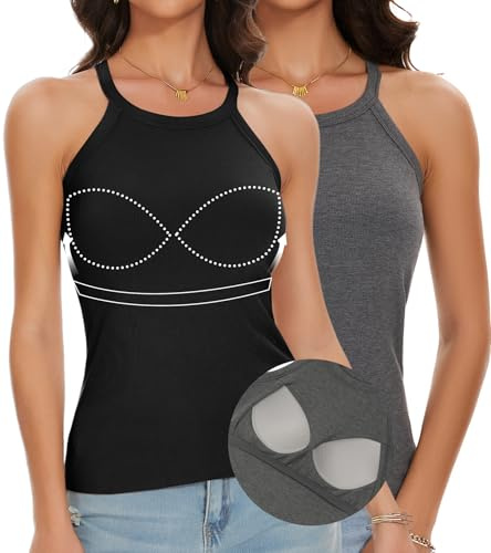 ANYFITTING Canotta Donna con Reggiseno Incorporato Top di Base Estiva Sport a Girocollo Halter Camicia Casual Canotte Elastico Senza Maniche Maglietta Nero-Grigio M