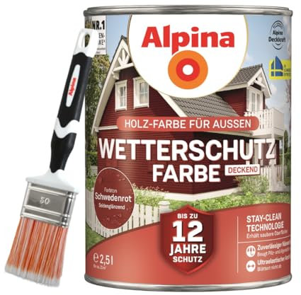 Alpina Holz-Wetterschutz-Farben inkl. Pinsel 50 mm - Schwedenrot, deckend - bis zu 12 Jahre Schutz vor Witterung und Nässe – schmutzabweisend, deckend & ergiebig – 2,5 L