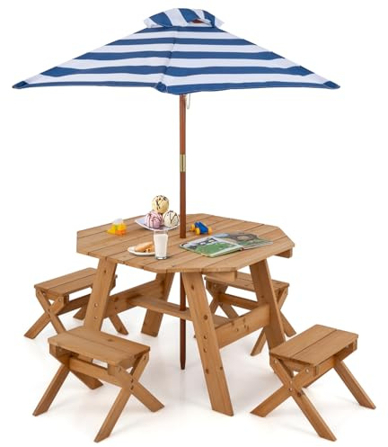SOARS Kindersitzgruppe Outdoor, Kinder Picknicktisch mit 4 Stühlen & Sonnenschirm, Kindersitzgarnitur aus Tannenholz, Sitzgarnitur, Sitzgruppe, Gartenmöbel für Garten, Hinterhof, Terrasse (Natur)