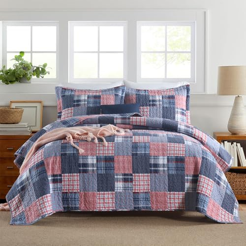 VISIMISI Tagesdecke 240x260cm Bettüberwurf Bettwäsche Set 250X270cm Baumwolle Bettdecke mit 2 Kissenbezüge, Europäischer Mittelmeer Stil Karomuster Blau Rot Steppdecke Gesteppte für Doppelbett