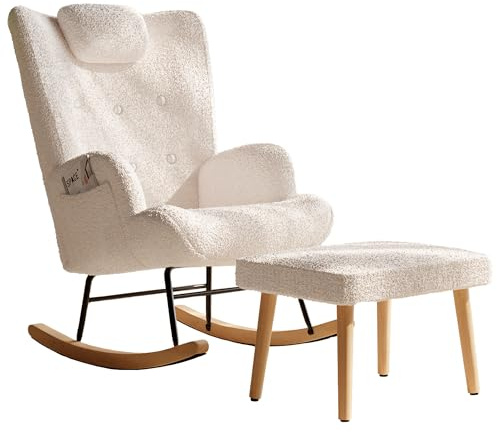 Lazyspace Schaukelstuhl mit Hocker und Seitentaschen, Sessel Relaxsessel Schwingsessel Lesesessel Wohnzimmersessel, Stillsessel mit Armlehnen und Kopfstütze, Teddystoff, Weißer, 70 x 66 x 89 cm