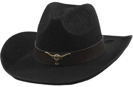 VVCPVDXCI Cowboyhut aus Stroh für Herren und Damen, mit geformter Krempe, Outdoor, Sommer, Sonnenhut für Sonnenschutz, Schwarz , M
