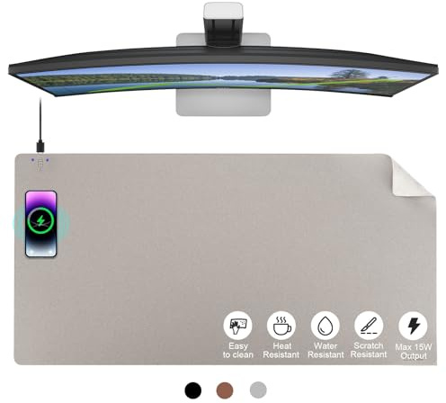 EYStech™ Schreibtischunterlage mit kabellosem Ladegerät, PU-Leder, wasserdichtes, rutschfestes Wollfilz-Basismaterial, Bürotischmatte, schnelles Aufladen, Gaming-Mauspad, 91,4 cm (L) x 43,2 cm (B