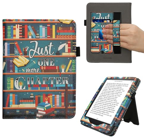 kwmobile Flip Cover kompatibel mit Amazon Kindle Paperwhite (2024)/Colorsoft - Hülle mit Handschlaufe Bibliothek Motto Mehrfarbig