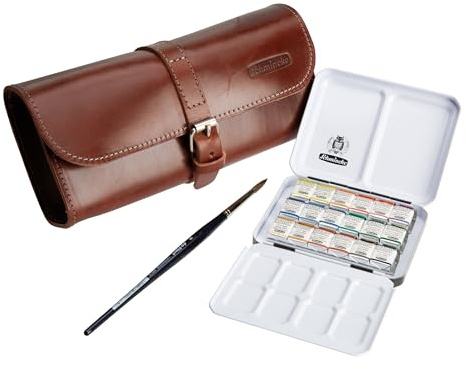 Schmincke – HORADAM® AQUARELL, praktisches Lederset mit kompaktem Aquarellkasten, 18 halbe Näpfchen, feinste Künstler-Aquarellfarben, 74 660 097, Urban Sketching Set