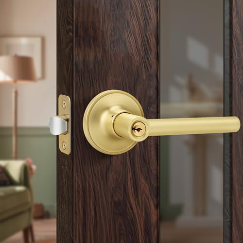 Gaurqiah Brushed Gold Keyed Entry Door Handle, Round Design Door Lever with Keys, Reversible Door Lever for Entrance Front Bedroom, Satin Brass