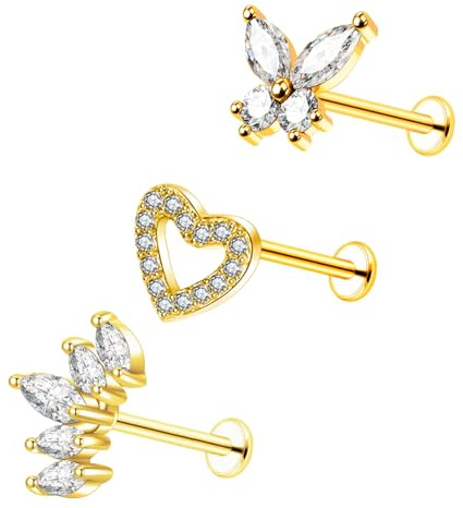 Besyvvin 3pcs Piercing Helix Tragus Labret Labios Studs Acero Inoxidable 10mm Cartílago Pendiente Piercing Flor Mariposa Joyería 16G Oro