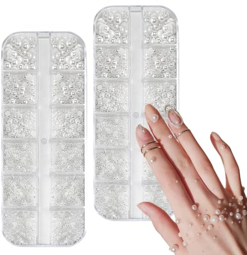 LUFFLOK 12 Size Nail Art Pearls Flatback Pearl 2 Box Nail Art Accessories | Half Round Nail Pearls, White Nail Charms and Gems Decorations for Nail Art Design DIY Crafting Party Daily Wedding