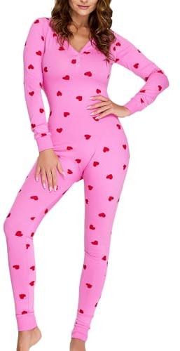 FeMereina Women Sexy Onesie Pajamas Valentines Day Heart Print Bodycon Long Sleeve Button Down Jumpsuit One Piece Pj Sleepwear (Pink, L)