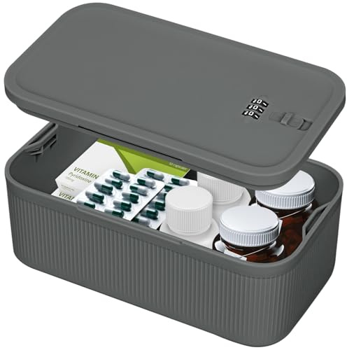 HOTOOLME Abschließbare Box mit Zahlenschloss - Kleine Aufbewahrungsbox (23.5x12.8x9.3cm) für Schmuck, Medikamente, Handy, Dokumente, perfekt für Haushalt, Büro, Reisen (Grau)