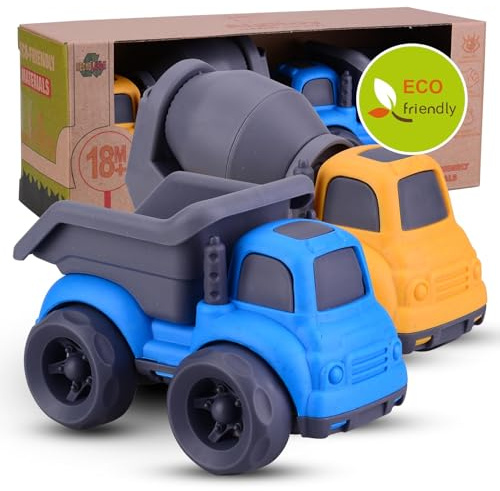 Giochi Bambini 1-3 Anni | Camion Costruzione (Betoniere + Autocarro) – Giocattolo Ecologico in Paglia Naturale e Plastica Riciclata | Ideale per Spiaggia, Giardino e Sabbia | Facile da Lavare（Blu）