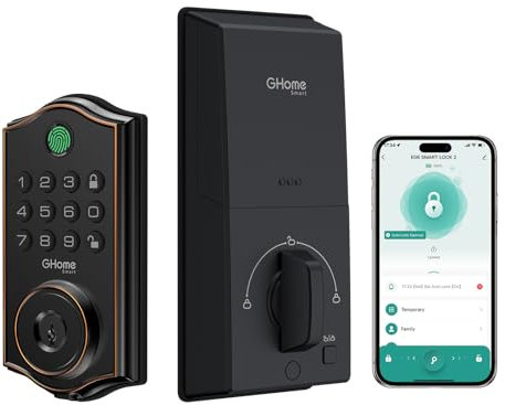 GHome Smart Deadbolt Lock, Fingerprint Keyless Entry Door Lock for Front Door, App Remote, Auto Lock, Emergency Power Port, Easy Installation, Electronic Keypad Deadbolt for Home, Airbnb, Garage