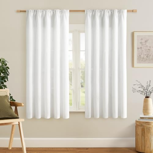 Softalker Leinen Vorhänge 120 cm Hoch Kurz Gardinen Weiss Halbtransparent Vorhang Modern Scheibengardinen Gardine schal für Schlafzimmer Wohnzimmer Küchen Fenster,2er Set,Stangendurchzug