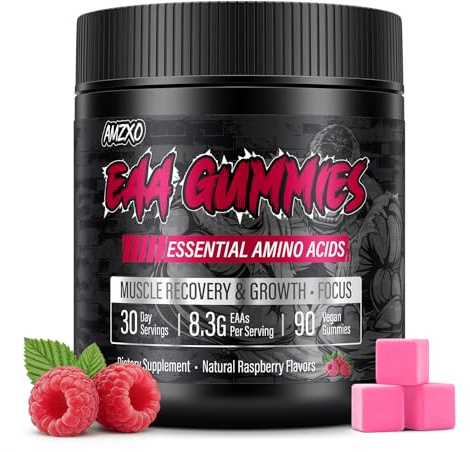 EAA Gummies - 2:1:1 BCAA Formula (8300mg) - Essential Amino Acids for Muscle Recovery & Endurance - Non-GMO, Gluten Free, Sugar Free, Vegetarian, Raspberry Flavor - 90 Count
