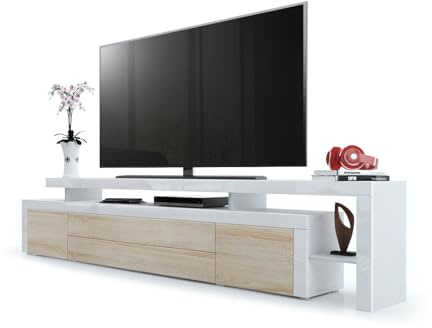 Vladon TV Board Lowboard Leon, Korpus und Überbau in Weiß matt/Front in Eiche sägerau mit Rahmen in Weiß Hochglanz (227 x 52 x 35 cm)