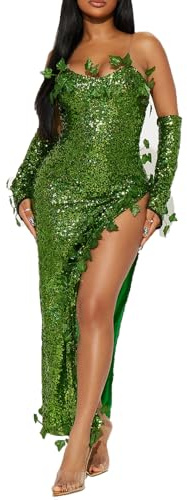 Qianderer Costume da donna per Halloween, verde veleno, foglie finte, paillettes, con guanti e fascia per capelli, Verde Lungo, XL