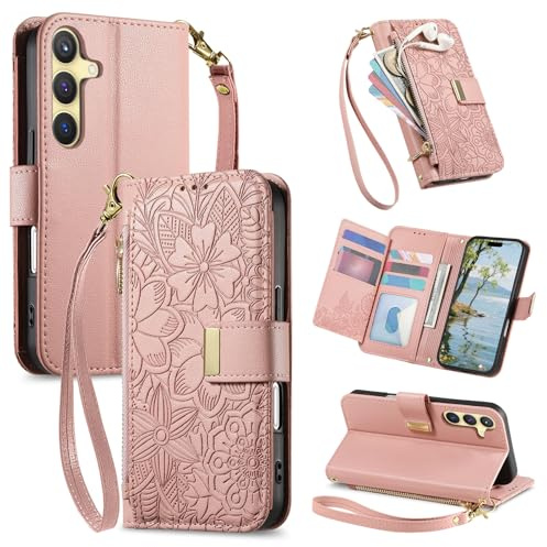 VEEMOS Phone Case for Samsung Galaxy S24 5G Case with Zip Wallet Purse Card Holder Slot Embossed Flower Design Folding Flip Cover Leather Stand Lanyard Wrist Strap Women - Pink