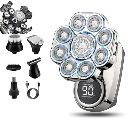 Rasoi Per Teste 9D Per Uomini Calvi, Rasoi Elettrici Per Teste Calve Rimovibili 6 in 1 Con Display A LED Kit Di Toelettatura Impermeabile Bagnato/Asciutto Per Viaggi/Casa/Ufficio