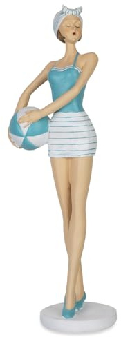 Moritz Dekofigur Frau Retro 11,5 x 10 x 33 cm - stehende Damenfigur im türkis-weißem Badeanzug mit Ball - nostalgische Stranddeko aus Polyresin im 50er-Jahre-Stil für Zuhause oder Bad