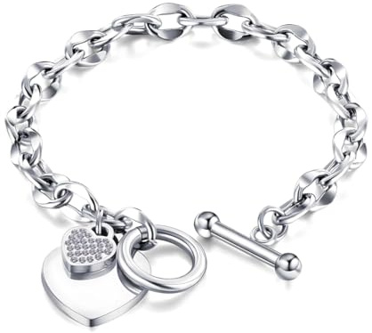 MGJ™ Crystal Heart Charm Toggle Bracelet for Women – Includes Ready to Gift Pouch & Thank You Card Christmas Jewellery Gifts for Her (Silver)