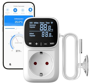 DEWENWILS Smart Thermostat Steckdose, WiFi Temperaturregler mit Fühler | 230V, App Steuerung, LCD-Display, 6 Modi, Heizen/Kühlen/Timer für Gewächshaus, Terrarium, Kühlschrank