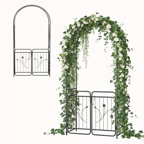 UISEBRT Rosenbogen mit Tür & Pflanzkästen,Gartenbogen aus Metall stabil,Torbogen Rankbogen für Kletterpflanzen,Rankhilfe Rankgitter,Hochzeit Spalier Torbogen Rosenreben Hinterhof Terrasse