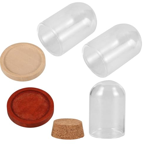 KHBUAB 3 Sets Glass Dome Cloche with Wooden Base, Reusable Mini Display Bell Jar for Fresh Moss Micro-landscape Plants and DIY Home Decor Accessories