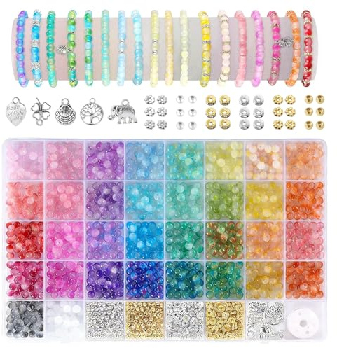 XoeLLe Perlen für Armbänder aus Glas 1020 Beads Komplett mit Sämtlichem Zubehör Perlenset Armband Set Selber Machen Vielseitig für Den Alltag 34 Varianten Zweifarbiger Perlen Wasserfest Langlebig | Perlenset für Schmuckherstellung mit Werkzeug und Aufbewahrungsbox, wasserfeste Farben, zum Einfädeln
