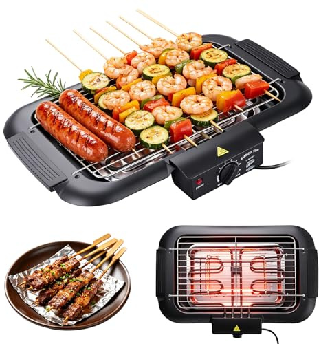 Tischgrill Elektrisch 2000 W,lektrogrill Antihaftbeschichtete Grillplatte, für Drinnen Draußen,mit 6 Temperaturstufen, Abnehmbarem Grillrost und Fettauffangschale für Grillpartys Camping,36 × 22 cm