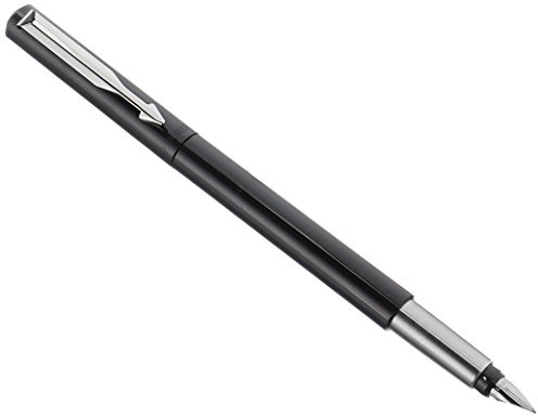 Parker Vector Fountain Pen Set | Black with Chrome Trim | Medium Nib with 5 Washable Blue Ink Cartridges