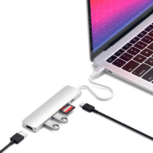 SATECHI 6-in-1 USB-C Hub Slim, Multiport-Adapter, Dockingstation mit 4K HDMI, 60W Power Delivery, 2X USB-A, SD/MicroSD-Kartenleser – Silber | HDMI 4K@60 Hz, PD 60 W, 2 × USB-A und microSD-/SD-Kartenleser