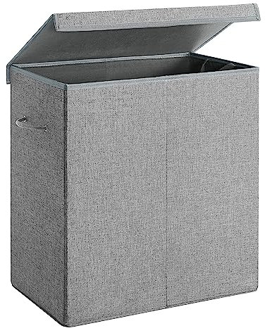 SONGMICS Cesto portabiancheria da 142 l, cestino 2 scomparti in tessuto di lino, separatore di vestiti con coperchio magnetico e maniglie, pieghevole, borsa interna rimovibile, grigio LCB02G
