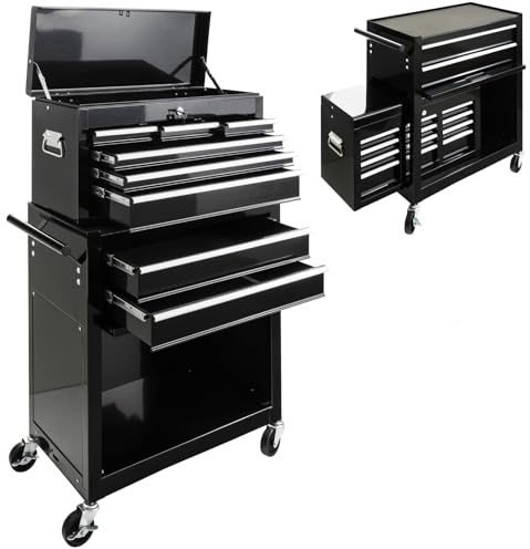 JOMAFA Carro de Taller 10 Compartimentos y 2 modulos | Con Cofre extraíble | Cierre con LLAVE | rodamiento de Bolas | Ruedas con Freno de estacionamiento | Negro