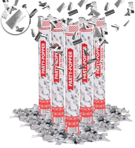 Party Factory – Konfettikanone Silber Party Popper 5er Set – Partygadgets Konfetti Kanone 40cm mit Schnipseln für Hochzeit, Geburtstag oder Silvester – Bis 8m Flughöhe, für Innen & Außen