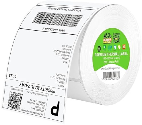 Double Dragon 100 x 150 mm (4x6) Direct Thermal Shipping Labels – 500 Premium White Self-Adhesive Labels Roll Compatible with Zebra & MUNBYN Printers for Amazon, Royal Mail [1 Roll]