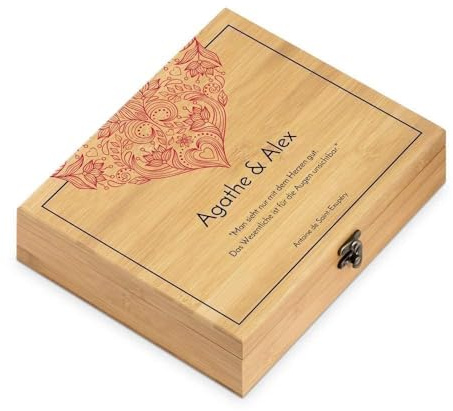 Maverton Weinöffner-Set personalisiert Weinset Sommelier Set - Geschenkbox Holzbox + 6er Weinzubehörset - aus Bambus - Braun - Geschenk Hochzeit Hochzeitstag Paar - Herz